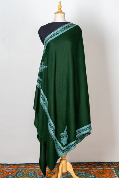 Sheen Sabz: Hand-Embroidered Sozni Shawl in Emerald Merino Wool