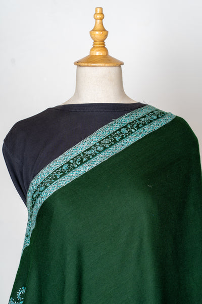 Sheen Sabz: Hand-Embroidered Sozni Shawl in Emerald Merino Wool