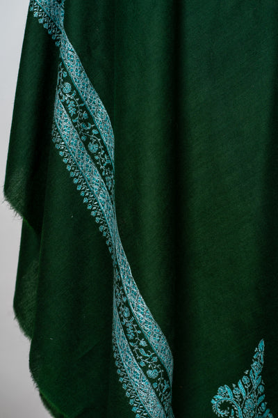 Sheen Sabz: Hand-Embroidered Sozni Shawl in Emerald Merino Wool