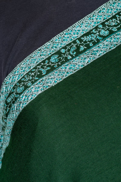 Sheen Sabz: Hand-Embroidered Sozni Shawl in Emerald Merino Wool