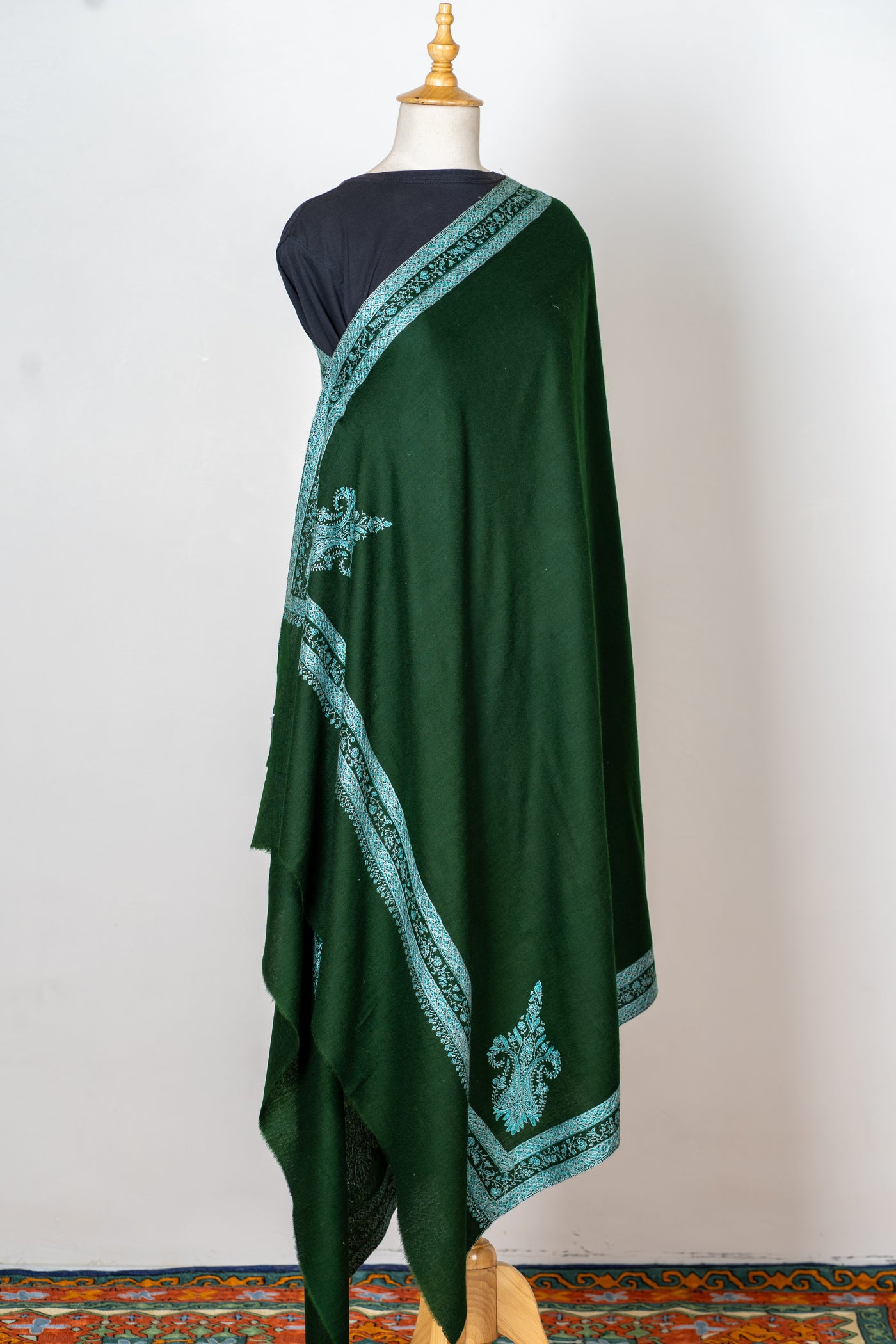 Sheen Sabz: Hand-Embroidered Sozni Shawl in Emerald Merino Wool