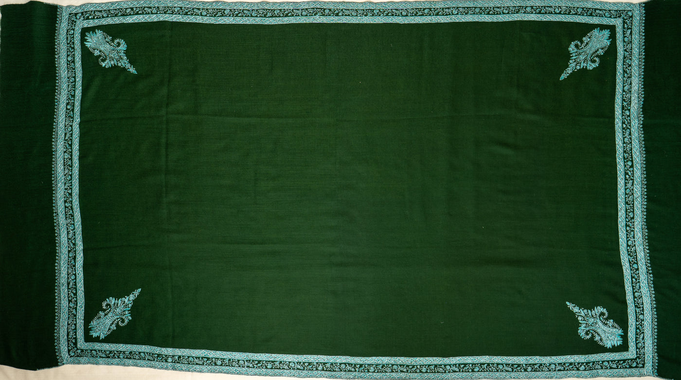 Sheen Sabz: Hand-Embroidered Sozni Shawl in Emerald Merino Wool
