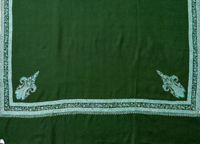 Sheen Sabz: Hand-Embroidered Sozni Shawl in Emerald Merino Wool