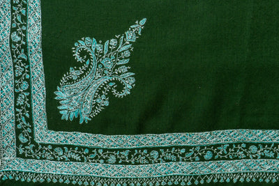 Sheen Sabz: Hand-Embroidered Sozni Shawl in Emerald Merino Wool