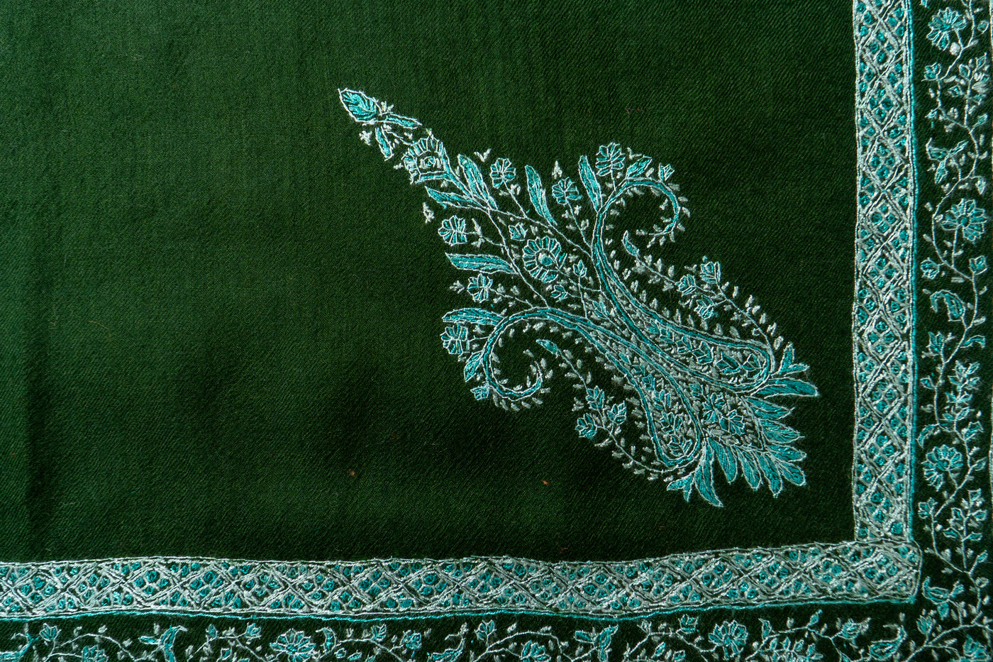 Sheen Sabz: Hand-Embroidered Sozni Shawl in Emerald Merino Wool