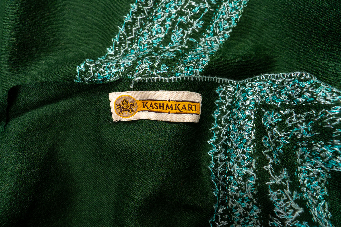 Sheen Sabz: Hand-Embroidered Sozni Shawl in Emerald Merino Wool