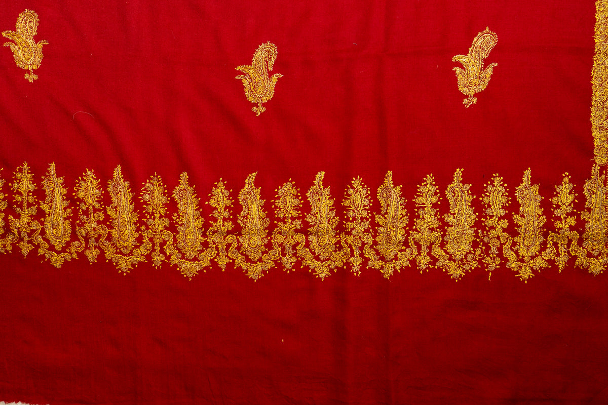 Laal Zareen: Hand-Embroidered Sozni Shawl in Merino Wool
