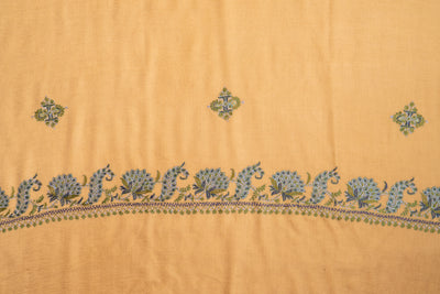 Khaki Gulnaar: Sozni Hand-Embroidered Shawl in Merino Wool