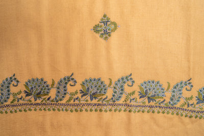Khaki Gulnaar: Sozni Hand-Embroidered Shawl in Merino Wool