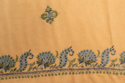 Khaki Gulnaar: Sozni Hand-Embroidered Shawl in Merino Wool