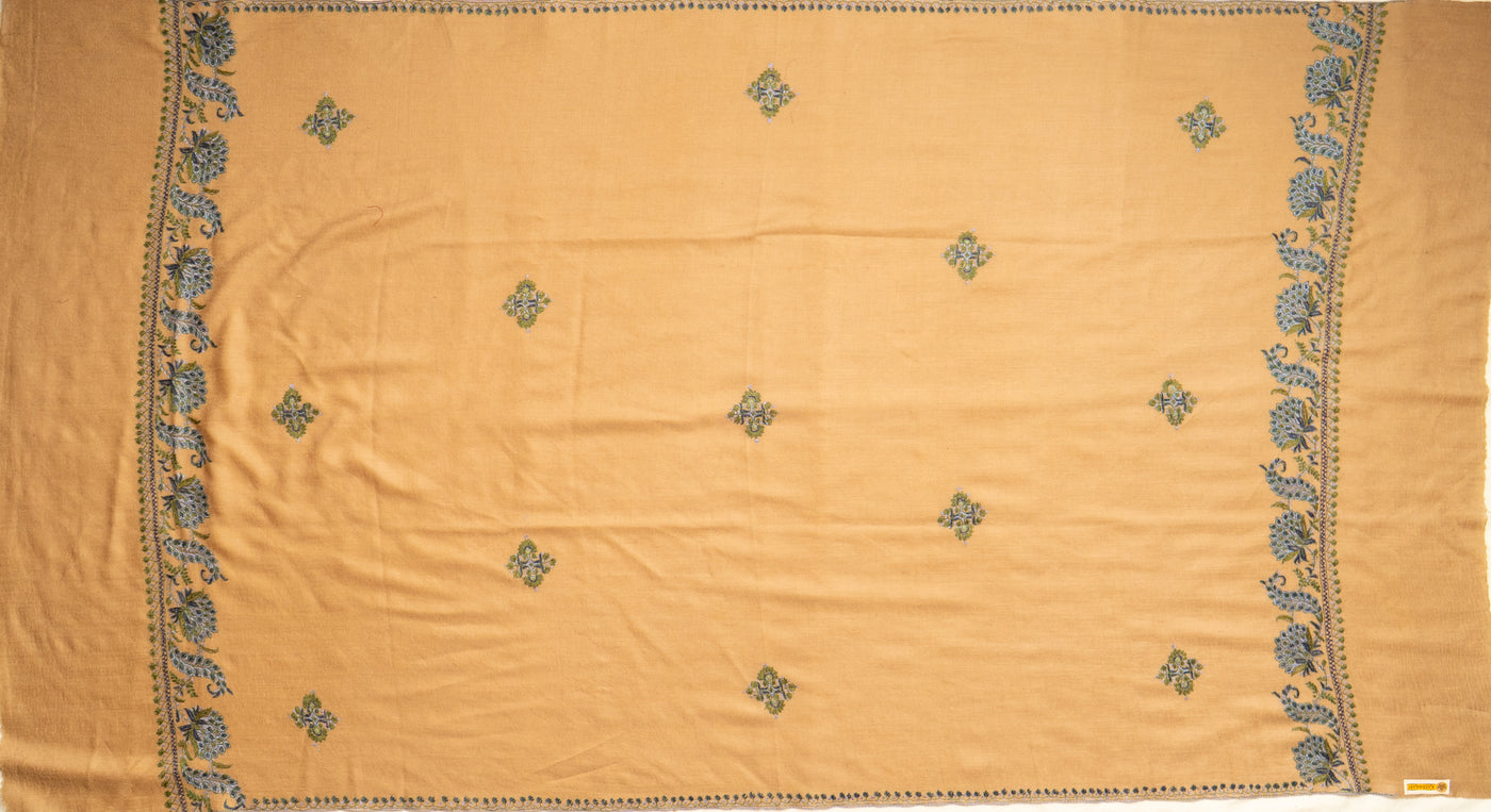 Khaki Gulnaar: Sozni Hand-Embroidered Shawl in Merino Wool