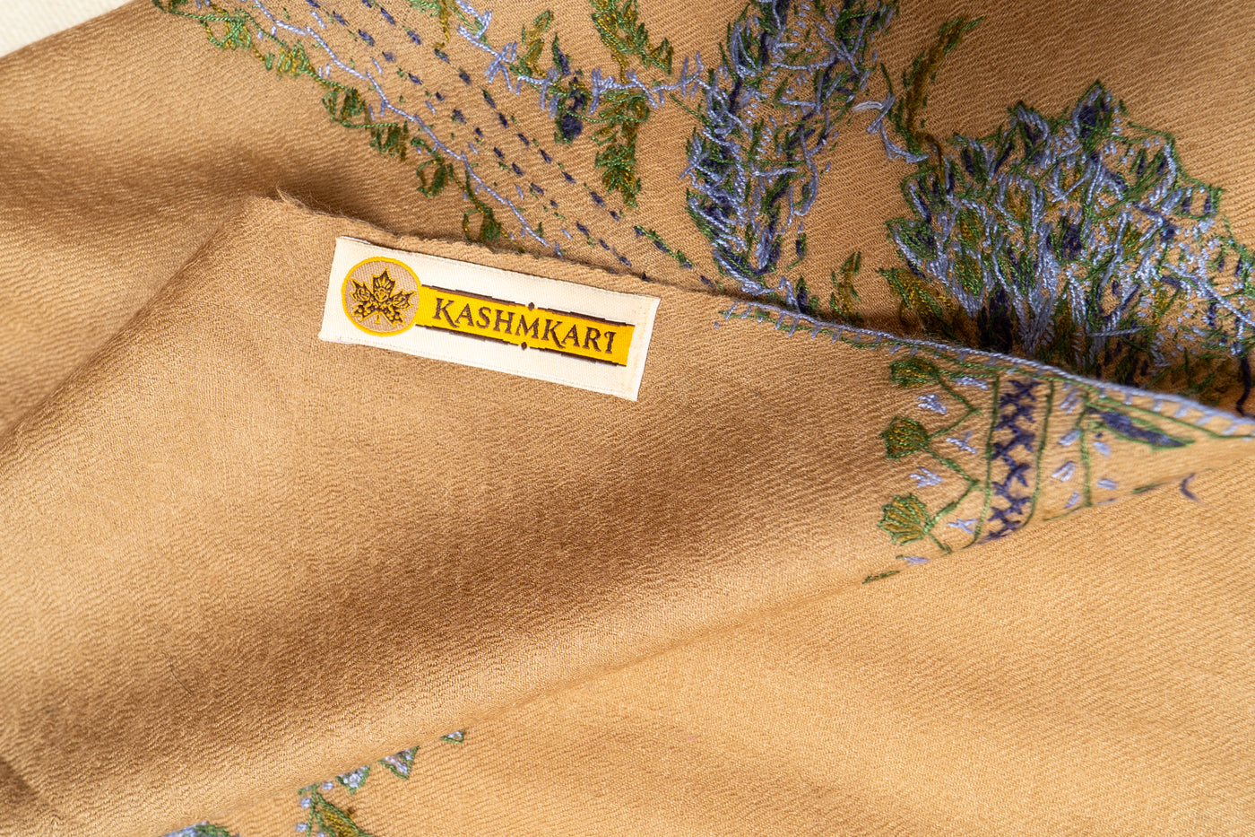 Khaki Gulnaar: Sozni Hand-Embroidered Shawl in Merino Wool