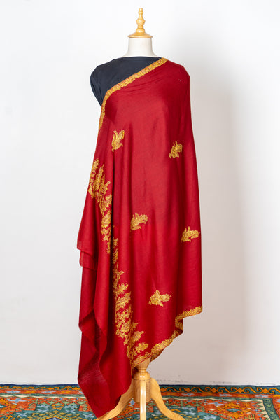 Laal Zareen: Hand-Embroidered Sozni Shawl in Merino Wool