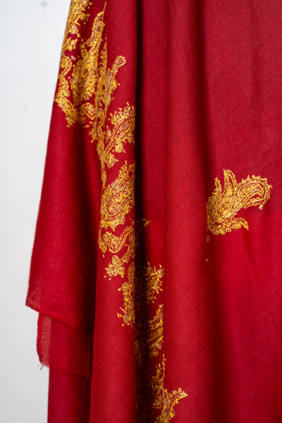 Laal Zareen: Hand-Embroidered Sozni Shawl in Merino Wool