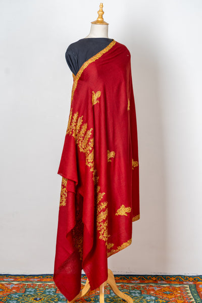 Laal Zareen: Hand-Embroidered Sozni Shawl in Merino Wool