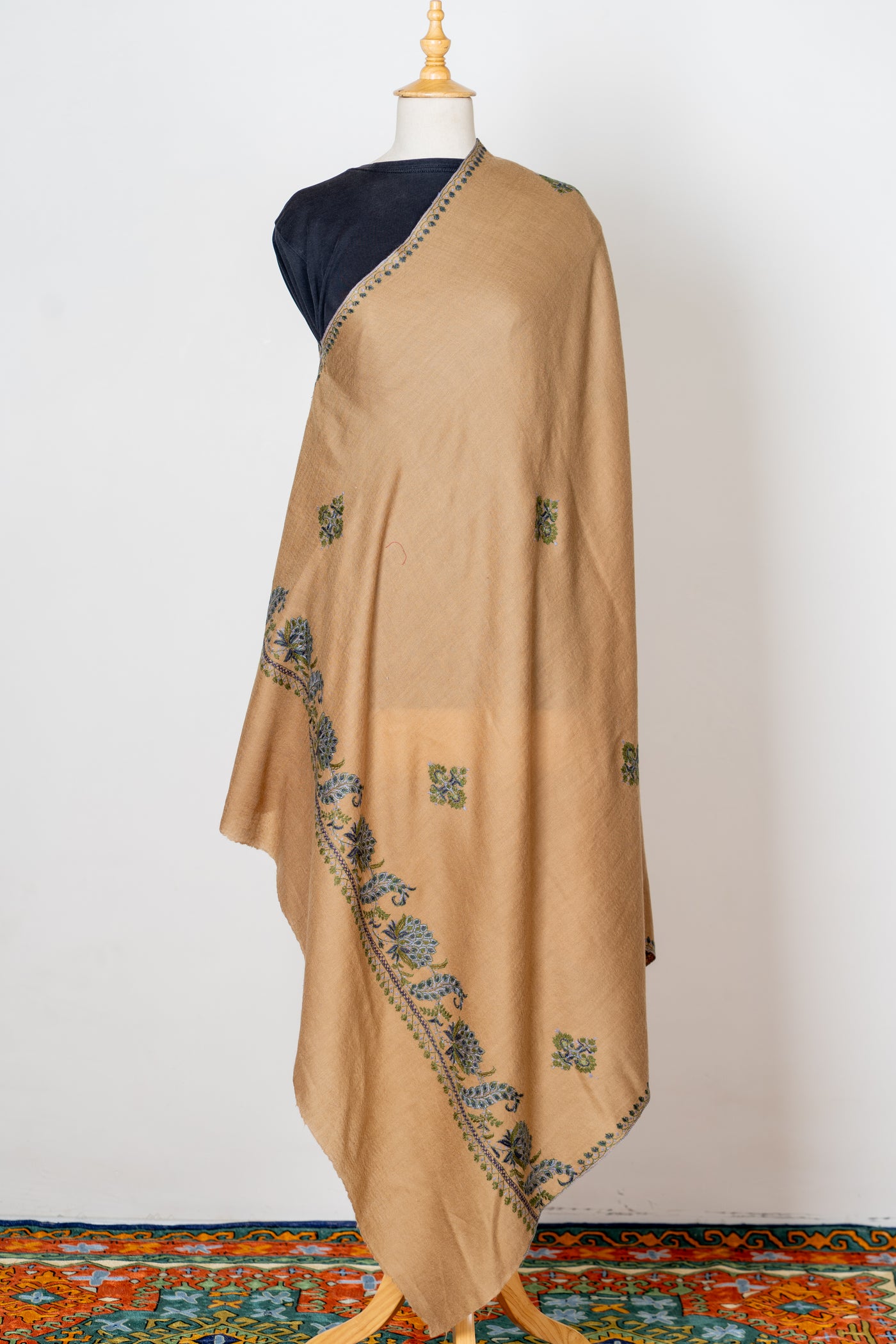 Khaki Gulnaar: Sozni Hand-Embroidered Shawl in Merino Wool