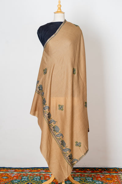 Khaki Gulnaar: Sozni Hand-Embroidered Shawl in Merino Wool