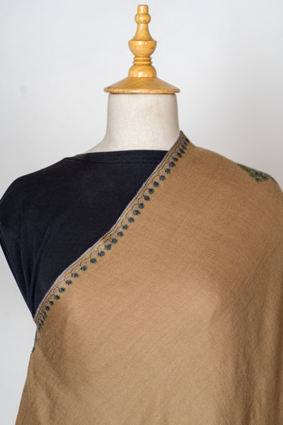 Khaki Gulnaar: Sozni Hand-Embroidered Shawl in Merino Wool