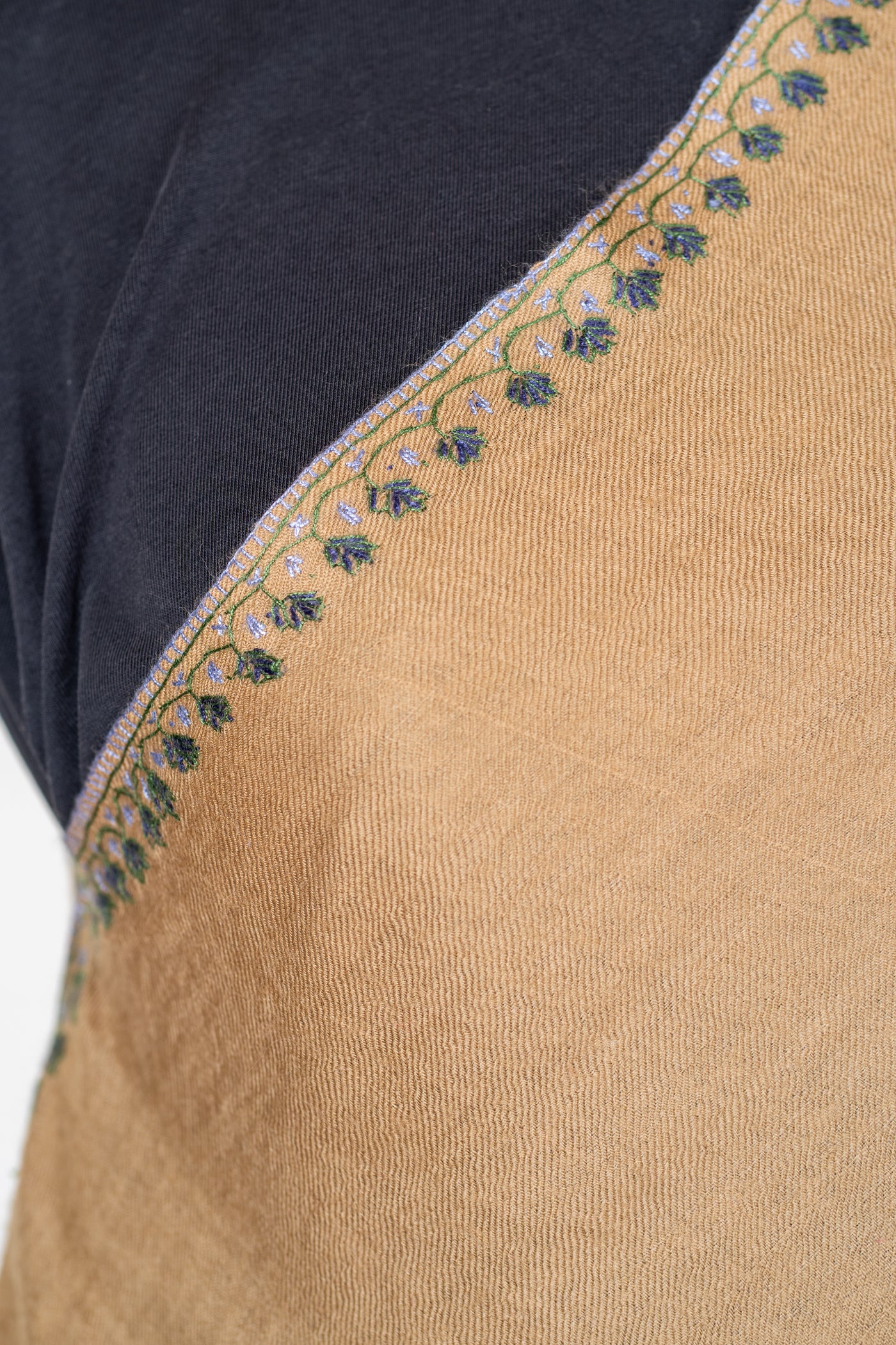 Khaki Gulnaar: Sozni Hand-Embroidered Shawl in Merino Wool