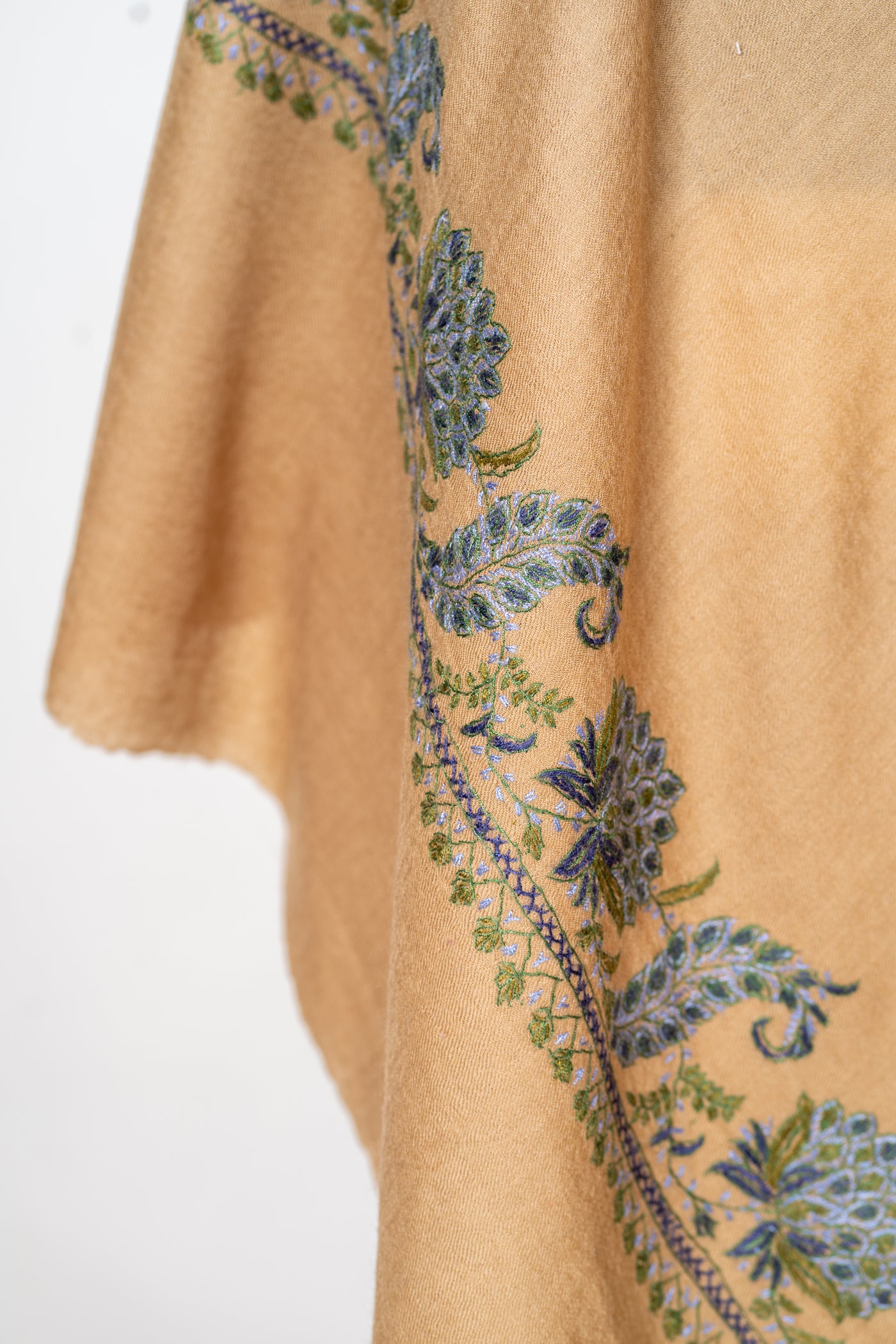 Khaki Gulnaar: Sozni Hand-Embroidered Shawl in Merino Wool