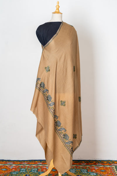 Khaki Gulnaar: Sozni Hand-Embroidered Shawl in Merino Wool