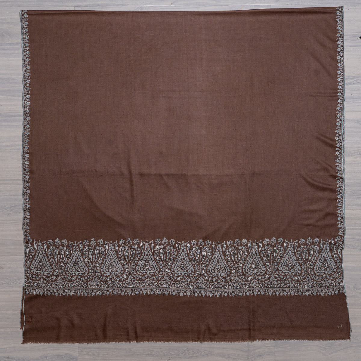 3 Yards Mocha Silver Bloom: Pure Pashmina Hand Embroidered Shawl