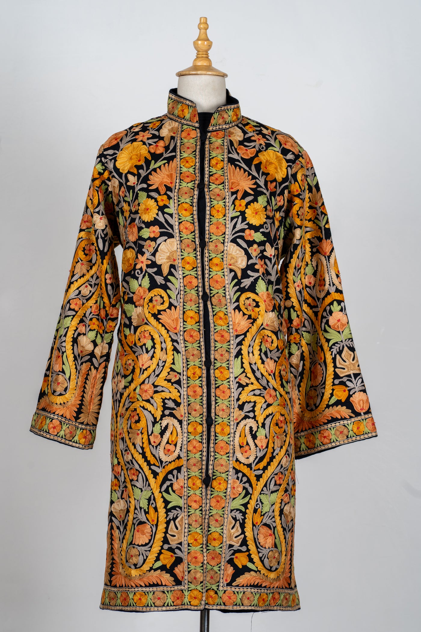 Noor-e-Zafran: Aari Embroidered Long Jacket in Black Base