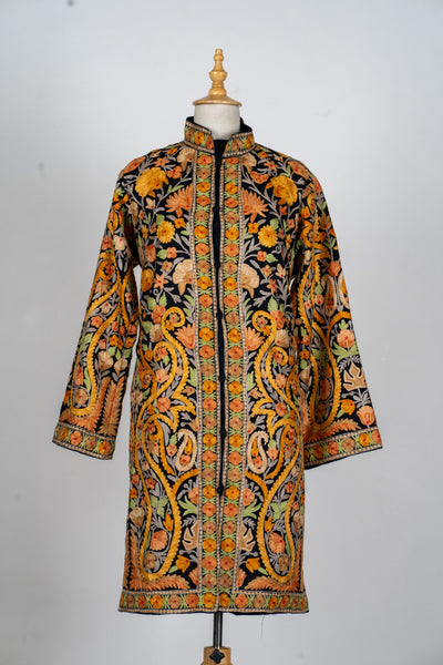 Noor-e-Zafran: Aari Embroidered Long Jacket in Black Base