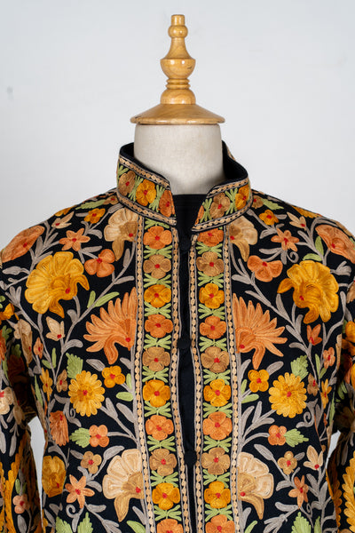 Noor-e-Zafran: Aari Embroidered Long Jacket in Black Base