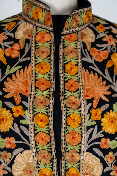 Noor-e-Zafran: Aari Embroidered Long Jacket in Black Base