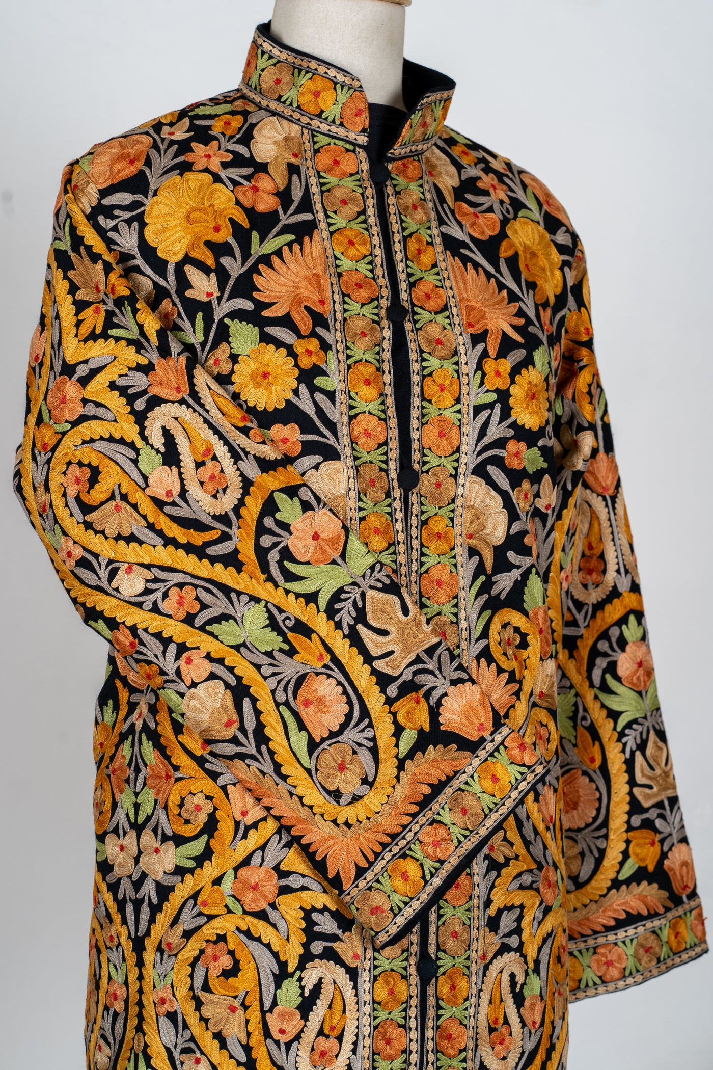 Noor-e-Zafran: Aari Embroidered Long Jacket in Black Base