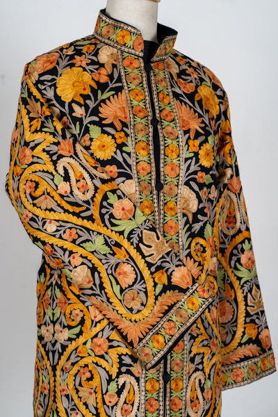 Noor-e-Zafran: Aari Embroidered Long Jacket in Black Base