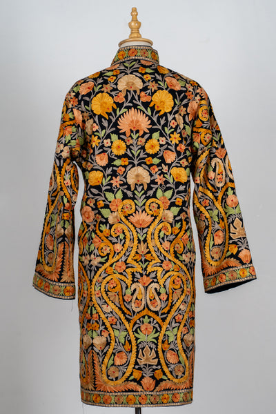 Noor-e-Zafran: Aari Embroidered Long Jacket in Black Base