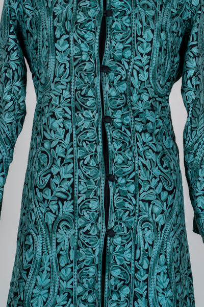Sheherzaad Teal: Long Jacket with Aari Embroidery