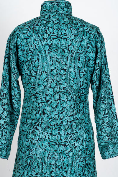 Sheherzaad Teal: Long Jacket with Aari Embroidery