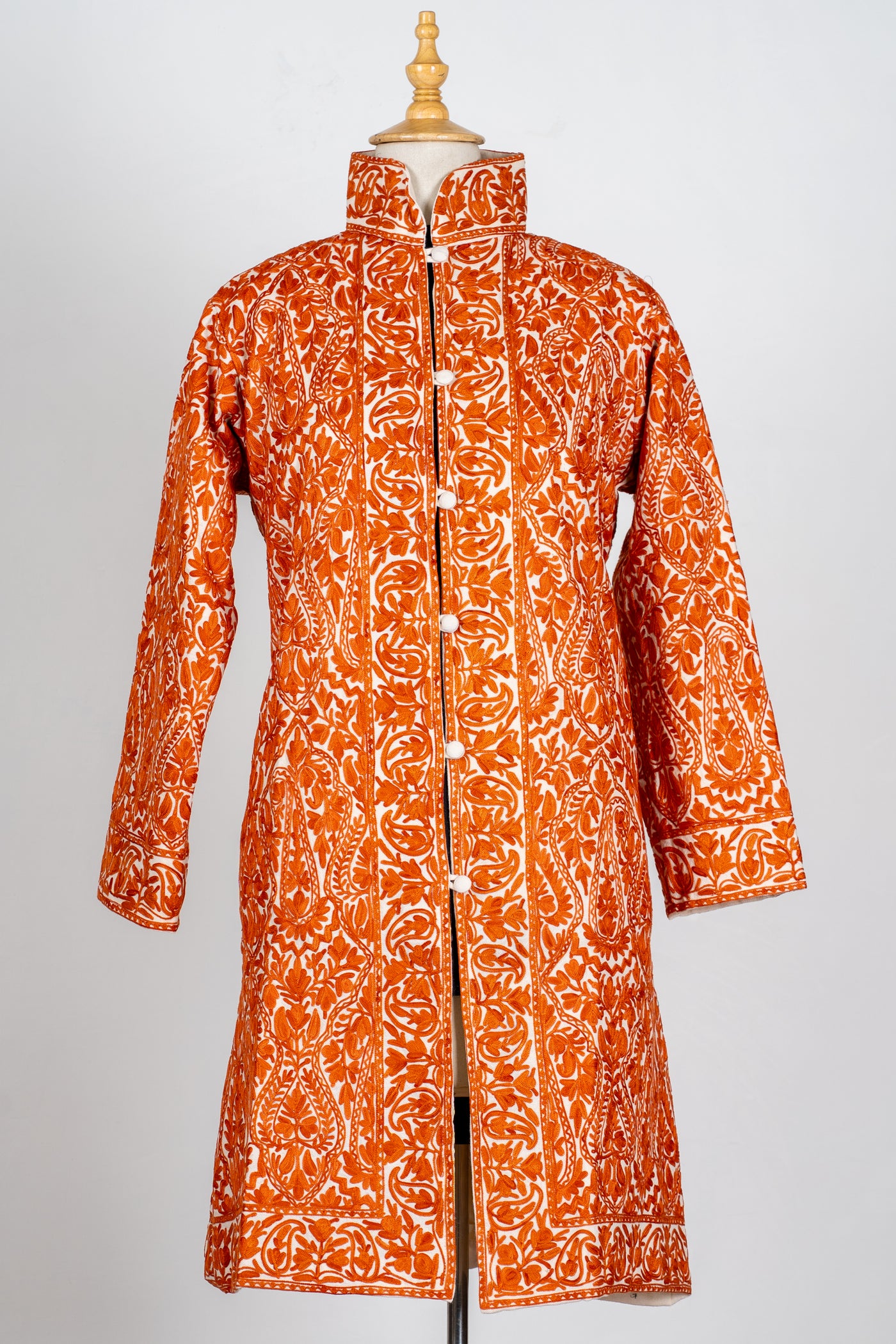 Kesar Aura: Aari Embroidered Long Jacket in Fiery Saffron