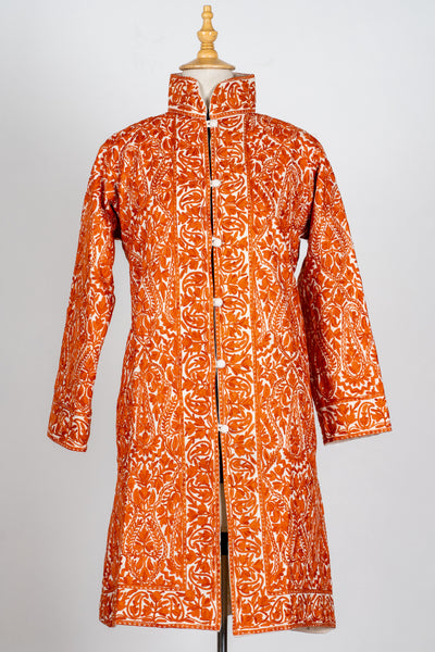 Kesar Aura: Aari Embroidered Long Jacket in Fiery Saffron