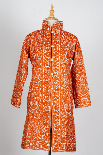 Kesar Aura: Aari Embroidered Long Jacket in Fiery Saffron