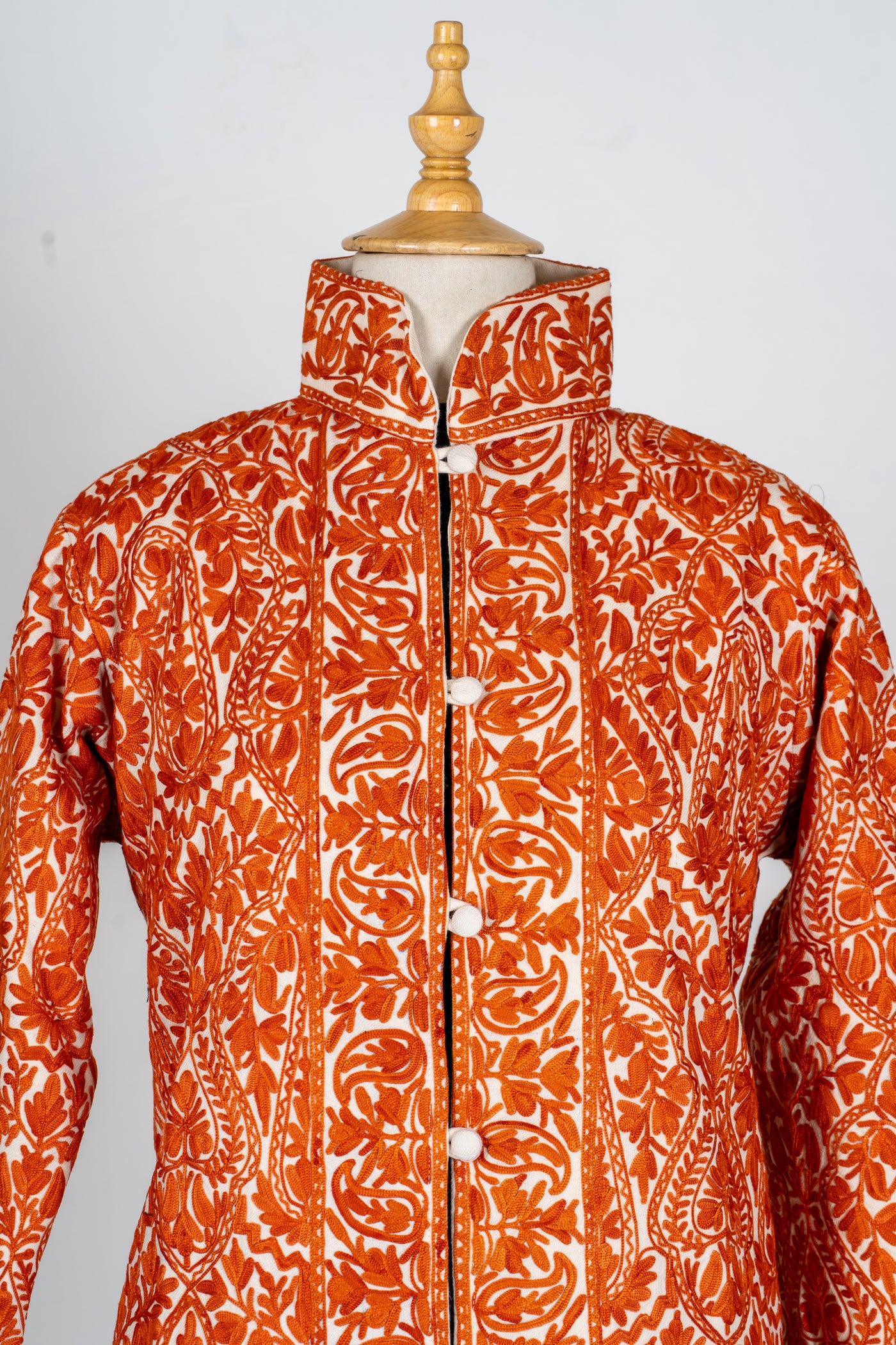 Kesar Aura: Aari Embroidered Long Jacket in Fiery Saffron