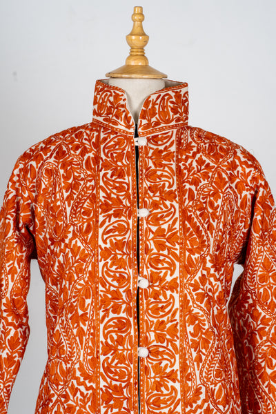 Kesar Aura: Aari Embroidered Long Jacket in Fiery Saffron