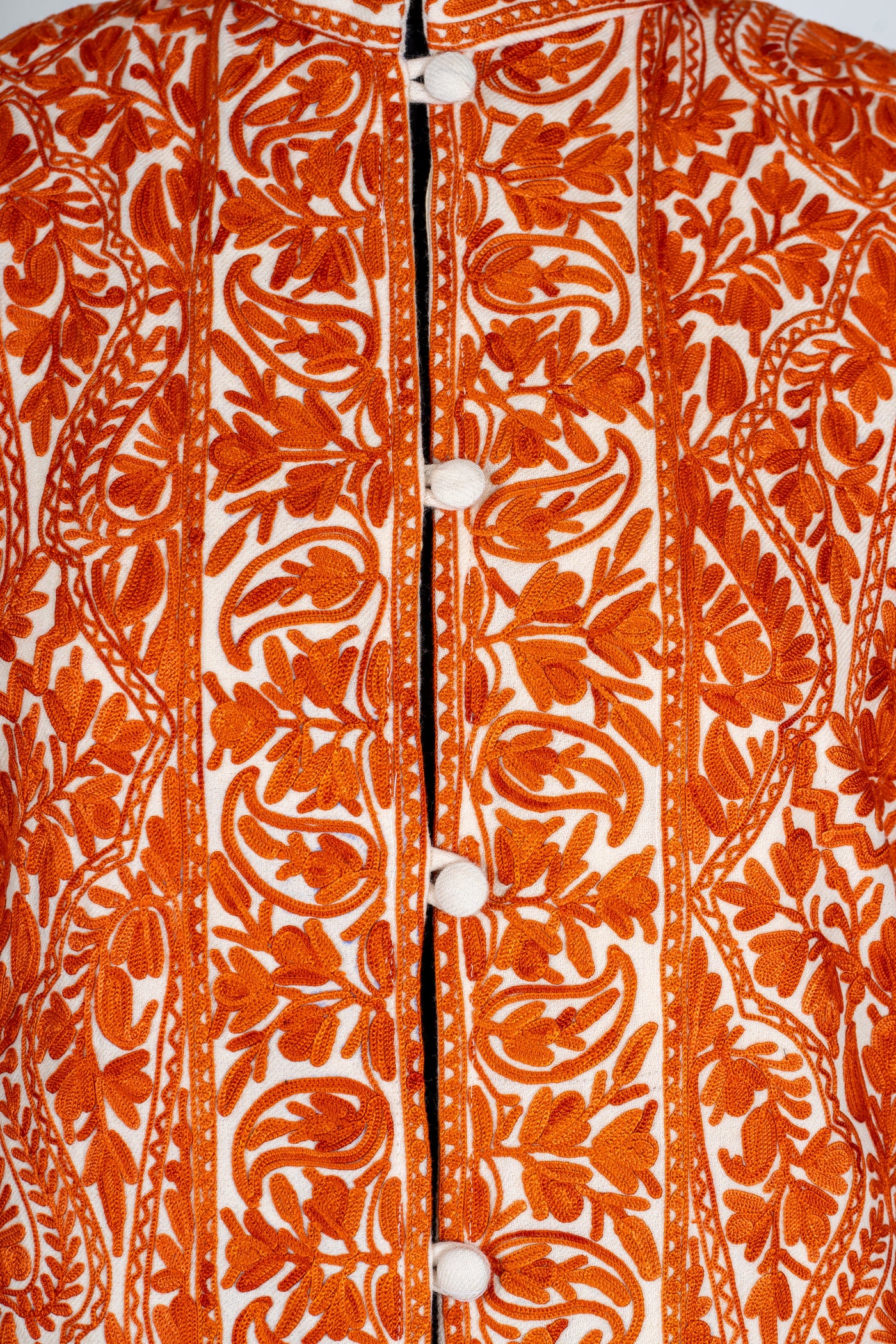 Kesar Aura: Aari Embroidered Long Jacket in Fiery Saffron