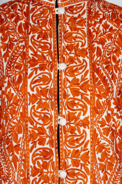 Kesar Aura: Aari Embroidered Long Jacket in Fiery Saffron