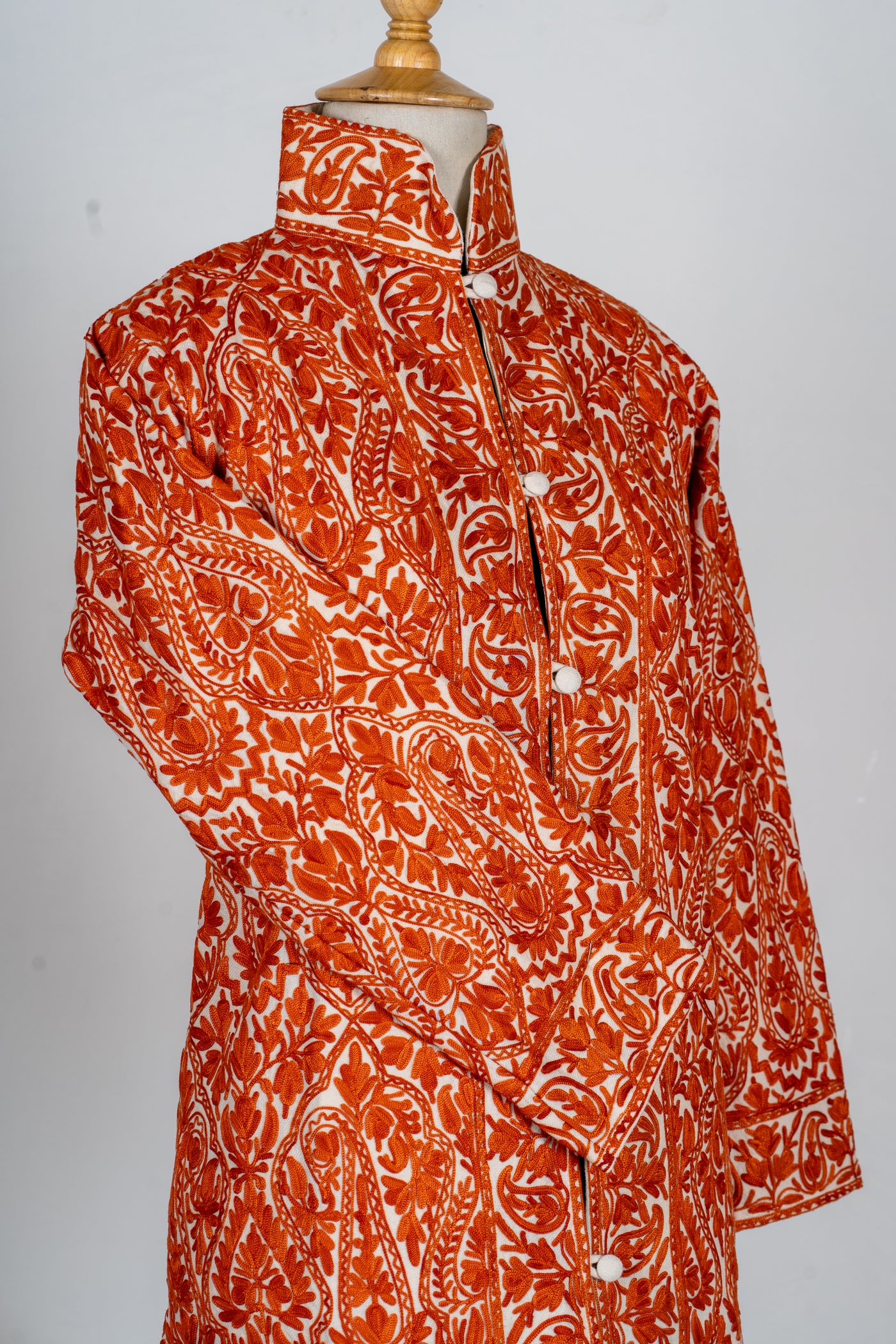 Kesar Aura: Aari Embroidered Long Jacket in Fiery Saffron