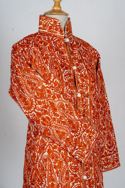 Kesar Aura: Aari Embroidered Long Jacket in Fiery Saffron