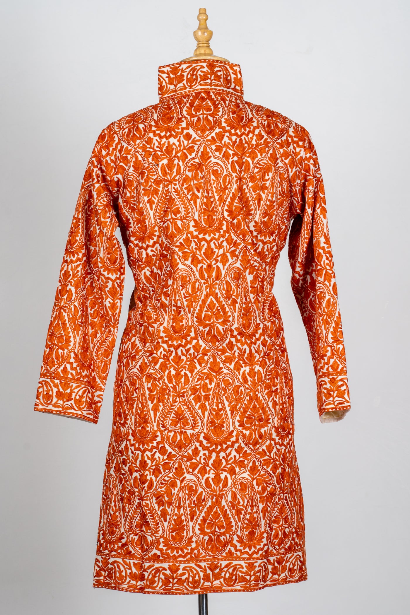 Kesar Aura: Aari Embroidered Long Jacket in Fiery Saffron