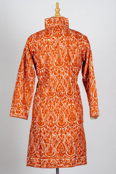 Kesar Aura: Aari Embroidered Long Jacket in Fiery Saffron