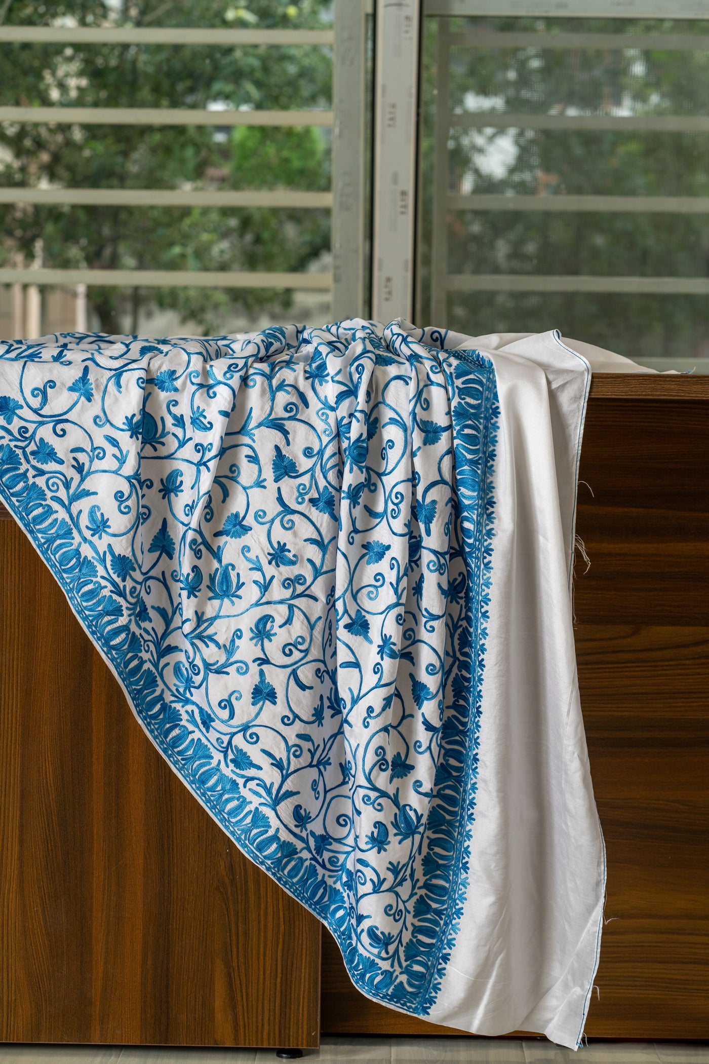 Neela Bahaar: Aari Embroidered Saree in Ivory and Sapphire