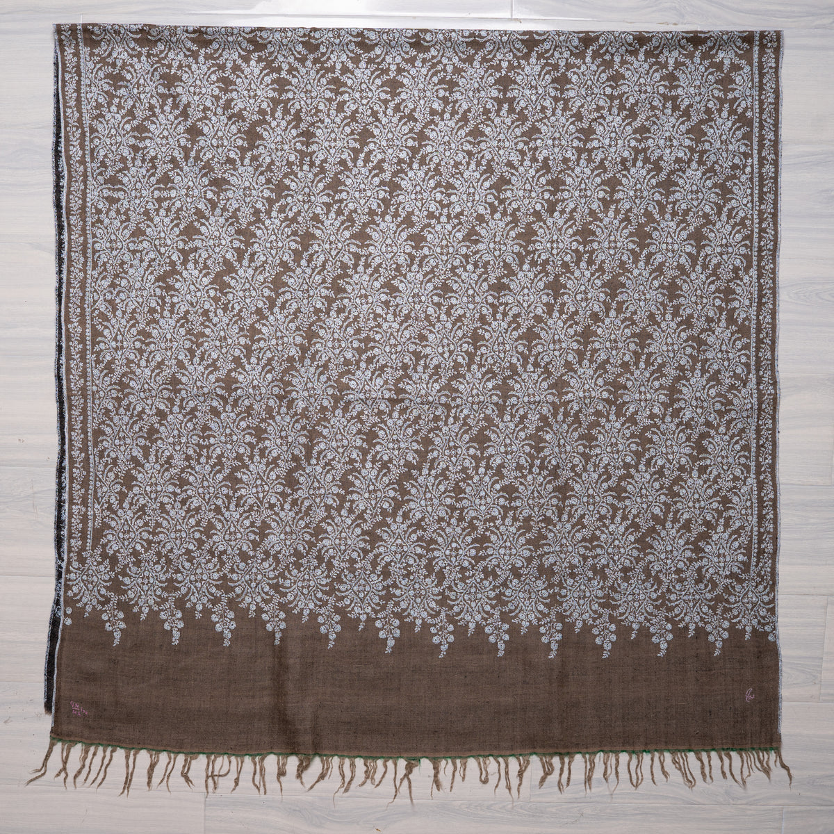 Taupe Silver Garden: Pure Pashmina Hand Embroidered Jamawar Shawl
