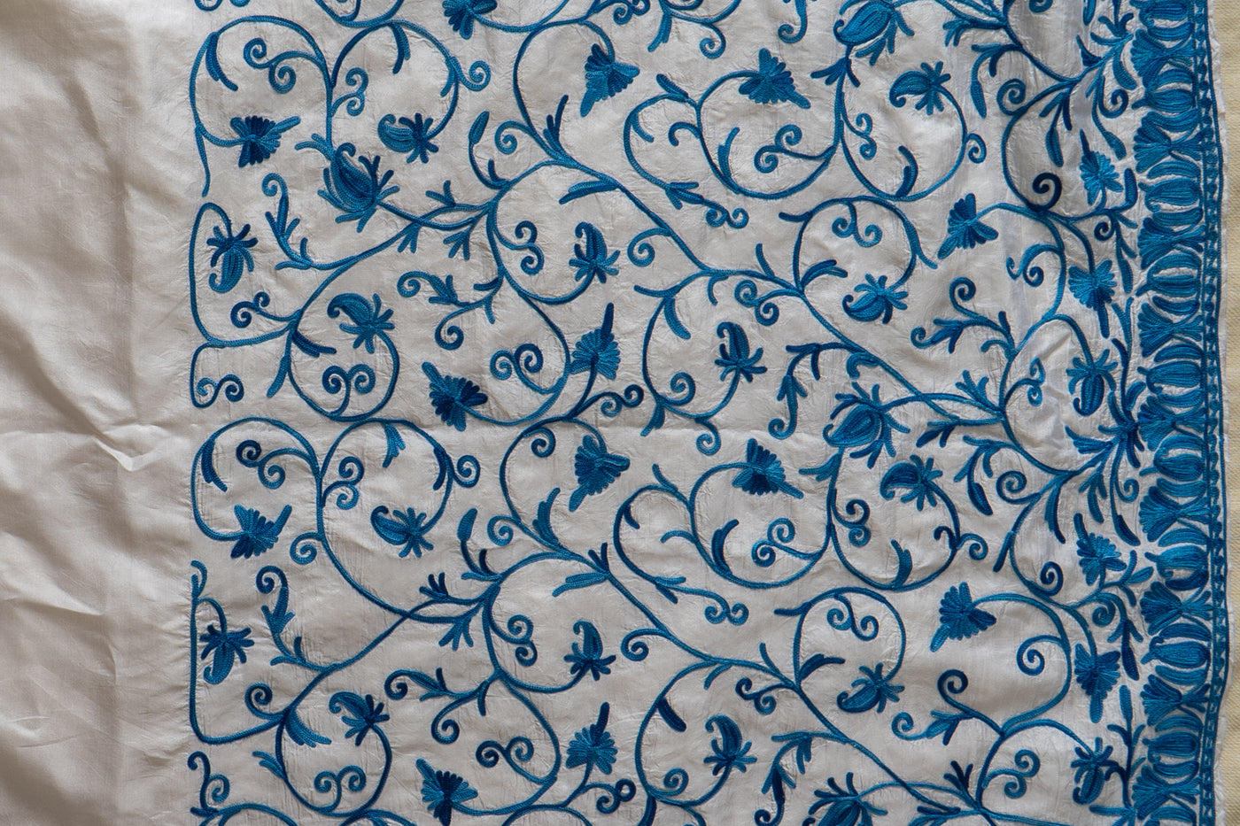 Neela Bahaar: Aari Embroidered Saree in Ivory and Sapphire