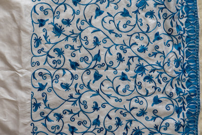Neela Bahaar: Aari Embroidered Saree in Ivory and Sapphire